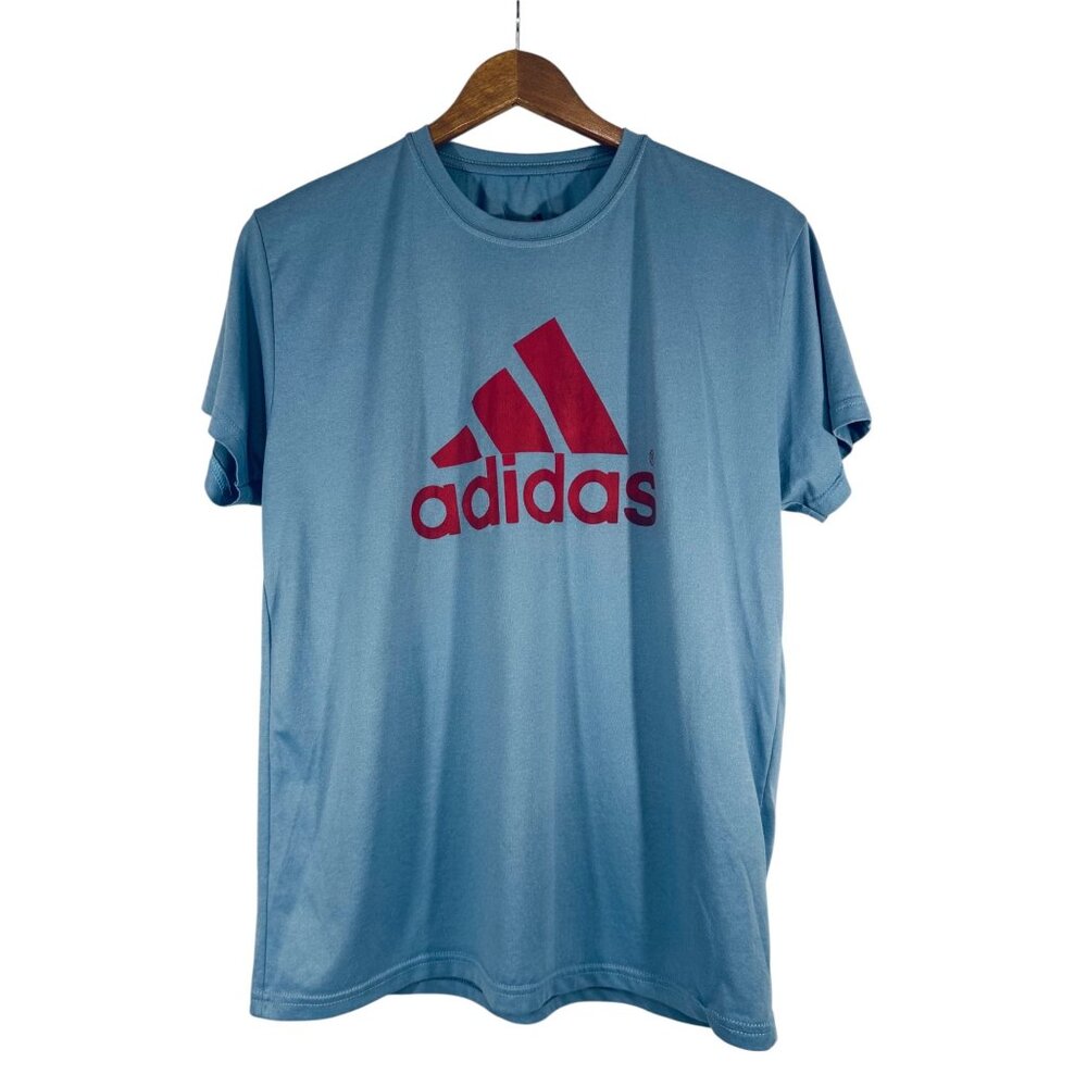 Adidas Mens Light Blue T-Shirt With Red Logo Design Short Sleeves Lightweight &